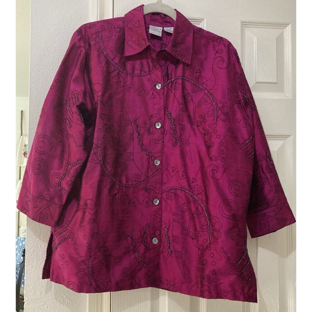 BLEU BAYOU Silk Button Up Top Size Medium Embroidered Beaded Fuchsia Pink India